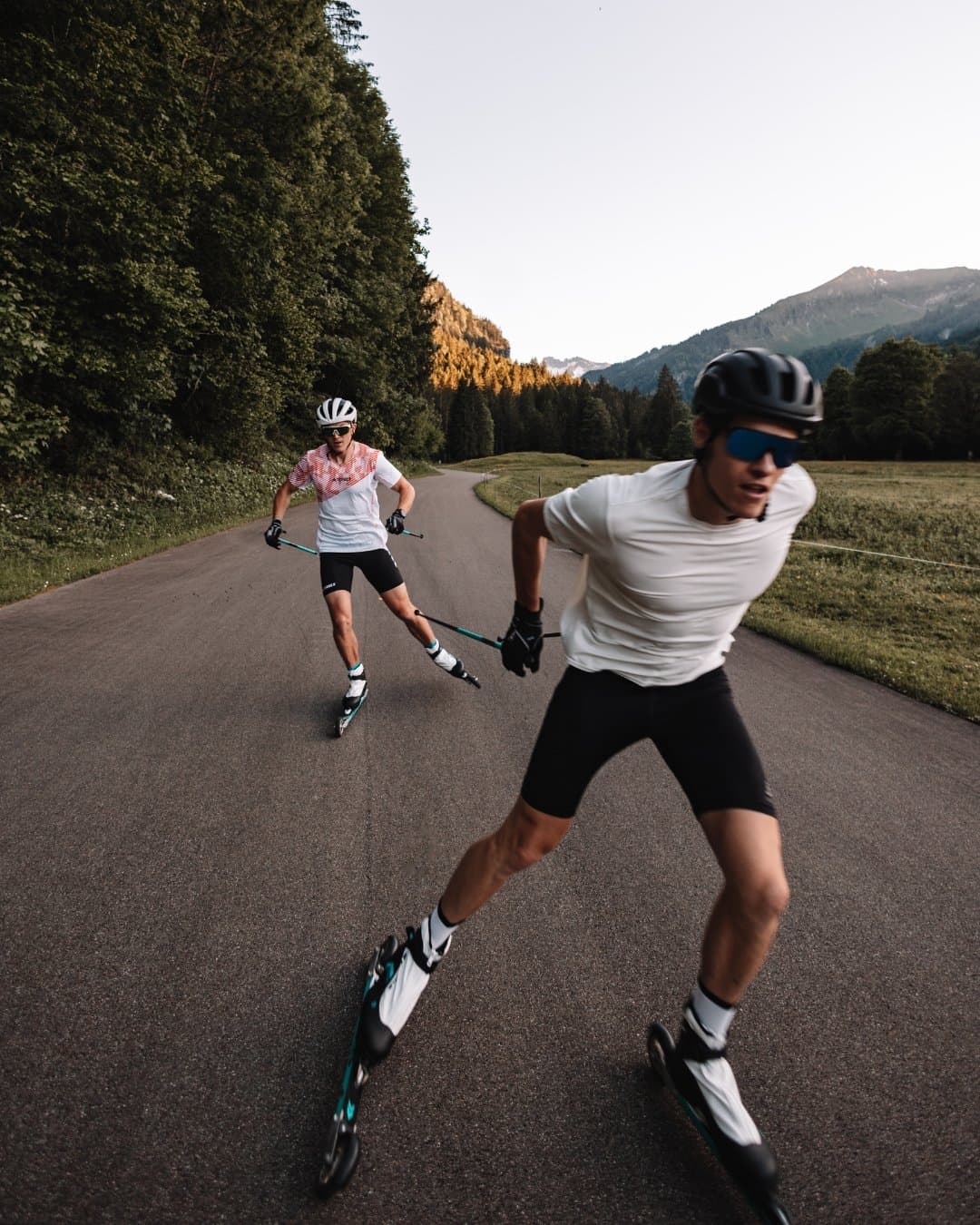Nordic athletes training on roller skis in the mountains